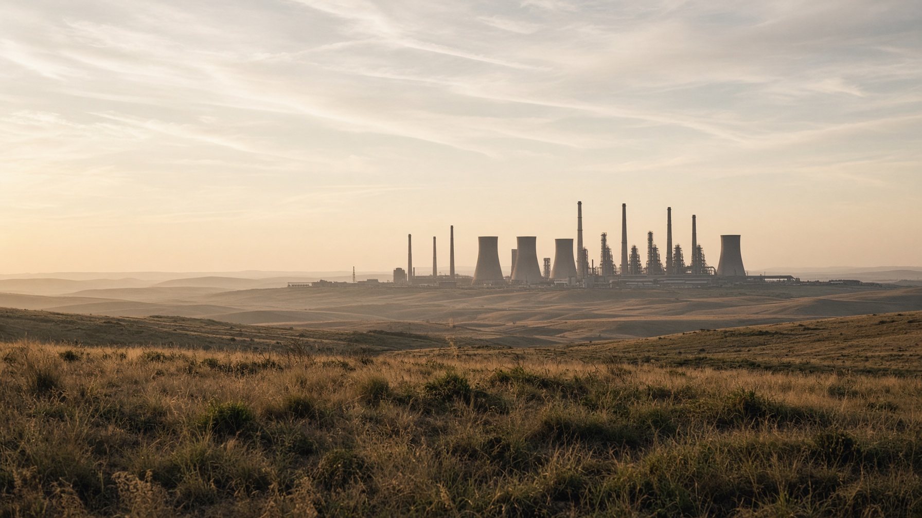 Highveld grassland with a distant industrial horizon at dusk