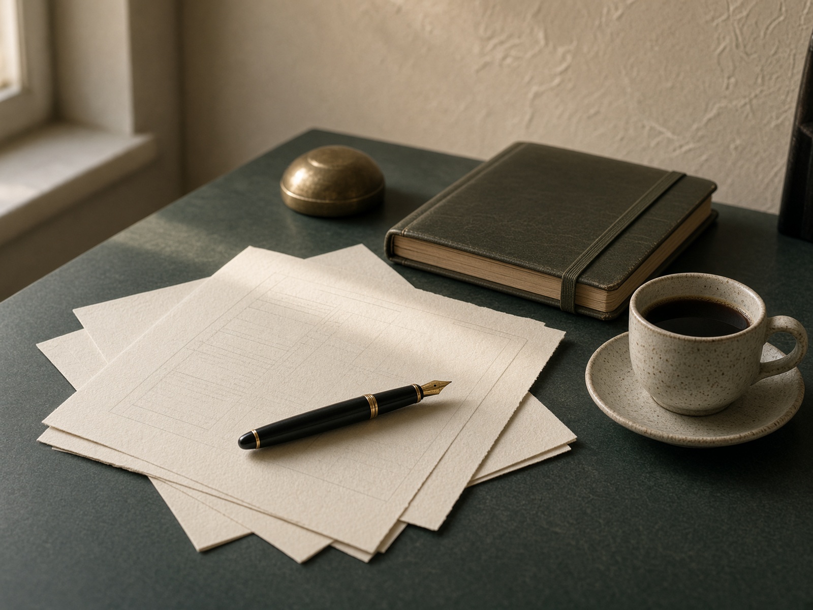 Documents, fountain pen and coffee on a consulting table